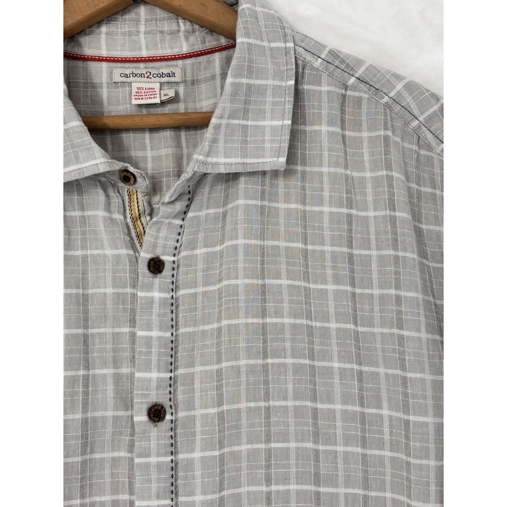 Carbon2Cobalt Linen Cotton Button Shirt Men XL Gray Windowpane Plaid Casual 0717